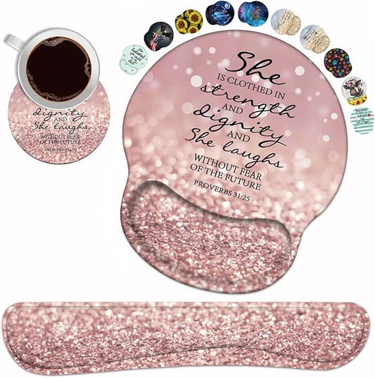 Keyboard Wrist Rest and Mouse Pad Wrist Support Set with Coasters, Bible Verse Proverbs 31:25 Wrist Mouse Pad with Non-Slip PU Base for Home Office Working Studying Easy Typing & Pain Relief