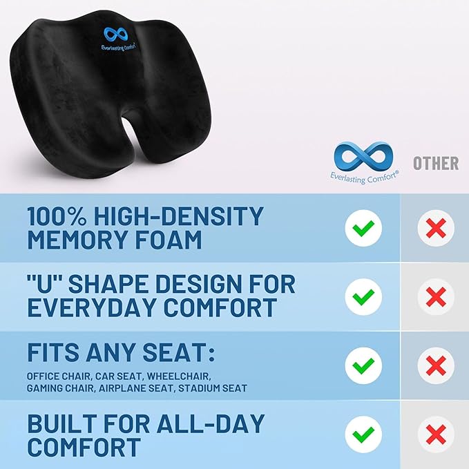 Everlasting Comfort Doctor Recommended Memory Foam Seat Cushion for Office Chairs & Car - Ergonomic Office Desk Accessories - Cushions for Tailbone Pain Relief, Sciatica (Black, Large)