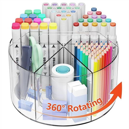Desk Pen Holder, 360 Degree Acrylic Rotating Pencil Organizer for Kid Crayon Marker, Office Supply Accessory Organizer Rotating Organization for Desktop, Kitchen, Makeup, Vanity