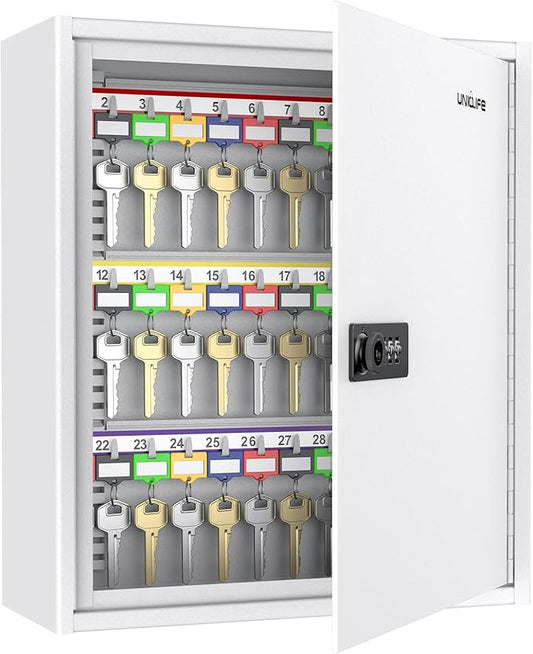 Uniclife 60 Position White Key Cabinet Steel Security Storage Box with Combination & Key Lock, Resettable, Digital, Adjustable Racks, Colorful Labels & Hooks