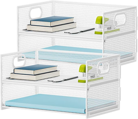 Marbrasse 2 Tier Paper Organizer Letter Tray, Mesh File Organizer with Handle, Paper Sorter Desk Organizer for Home Office Supplies - 2P White