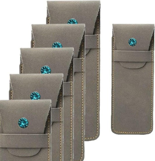 Handmade Leather Pen Case Set - 5 - Pack with Artificial Sapphire Inlay, Multi - Color Pen Sleeves for Fountain Pens & Markers (gray)