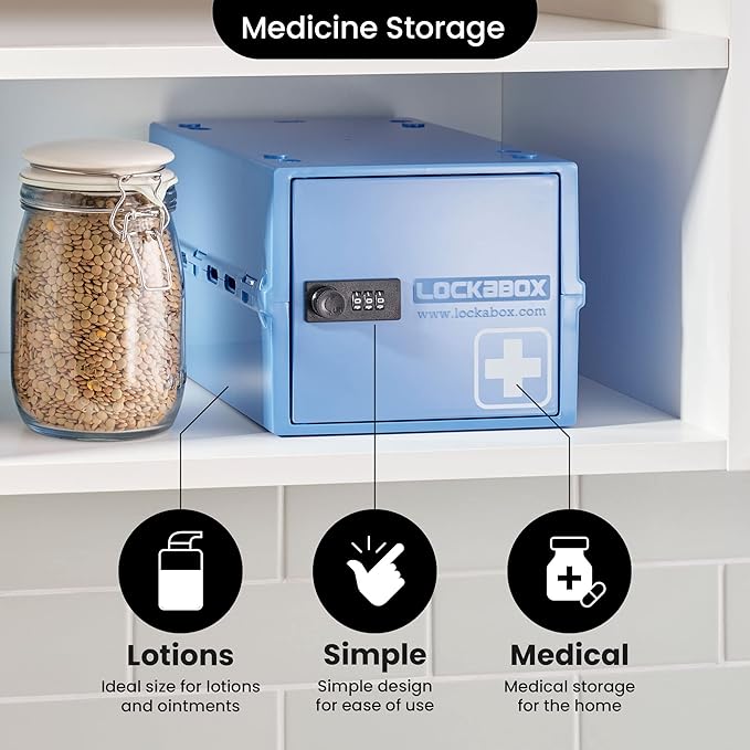 Lockabox One™ | Premium Medicine Lock Box | Medium Medication Lock Box With Code For Medicines, Vitamins & Supplements | External Size 12 x 8 x 6.6 inches (Medi Blue)