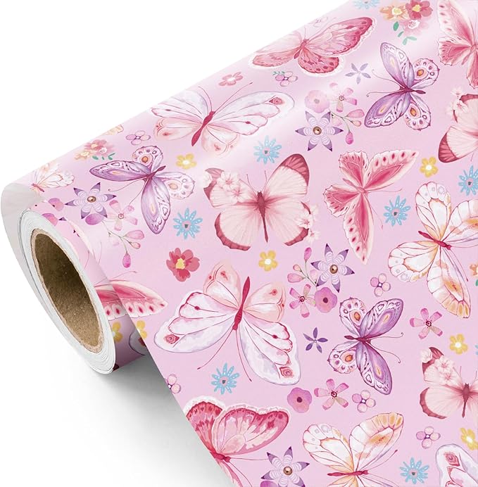 WRAPAHOLIC Pink Butterfly Wrapping Paper Roll - Mini Roll - 17 Inch x 33 Feet - Fantasy Floral Butterfly Design, Perfect for Birthday, Wedding, Bridal Shower