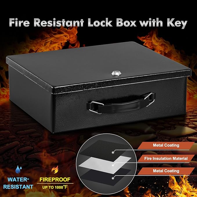 KYODOLED Fireproof Document Box with Key Lock, Large Safe Storage Box for Valuables, Fire Resistance Security Chest, Lock Box for Passport, Cash, Tablet 12.9'' x 10.7'' x 4.2'' Black