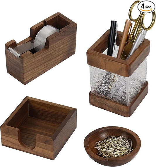 MultiBey 4PCS Walnut Office Supplies Desk Organizers, Wood Sticky Notes Holder Tape Dispenser Cutter Wooden Pencil Holder and Paper Clip Holder for Office Home School