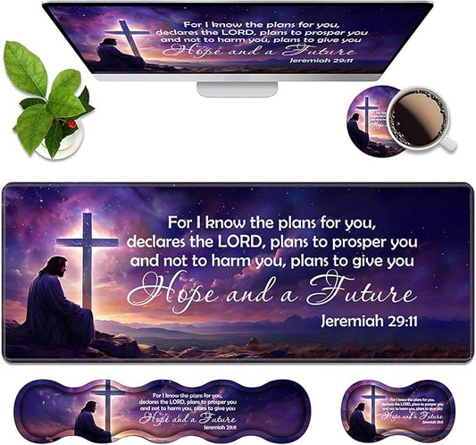 Ergonomic Memory Foam Mouse Pad Wrist Rest Set,Large Gaming Desk Pad + Keyboard Wrist Rest + Mouse Wrist Cushion + Coaster for Home Office Study Gaming,Christian Cross Quote Bible Verse Jeremiah 29:11