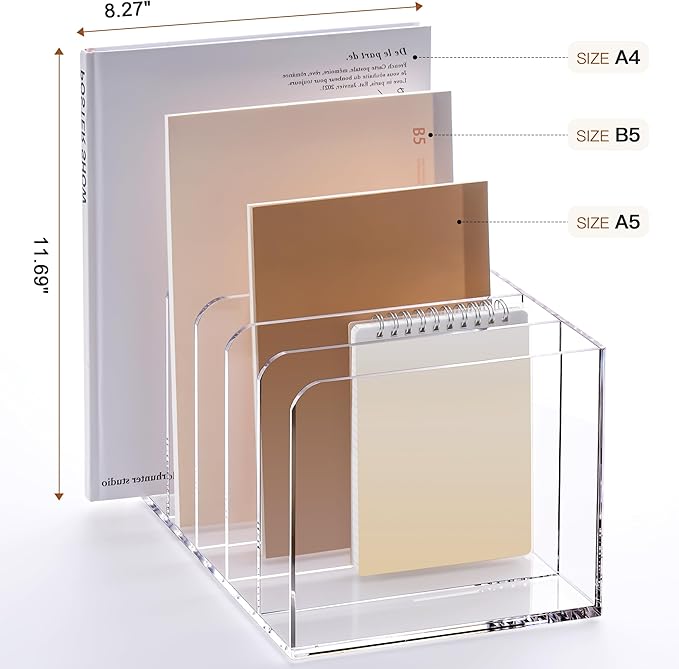 YUXUN Acrylic Magazine Holder,Clear Desk Organizer Vertical File Sorter Holder Stand for Notebook,Paper,Envelope,Magazine, Book Storage-Office/Home/Classroom Organization (5 Compartments,B5)