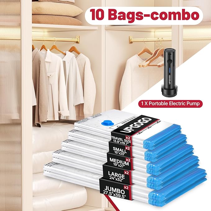 Vacuum Storage Bags with Portable Electric Pump,Vacuum Seal Bags for Clothing,Space Saver Bags,Vacuum Travel Bags for Luggage(Combo 10 Pack)