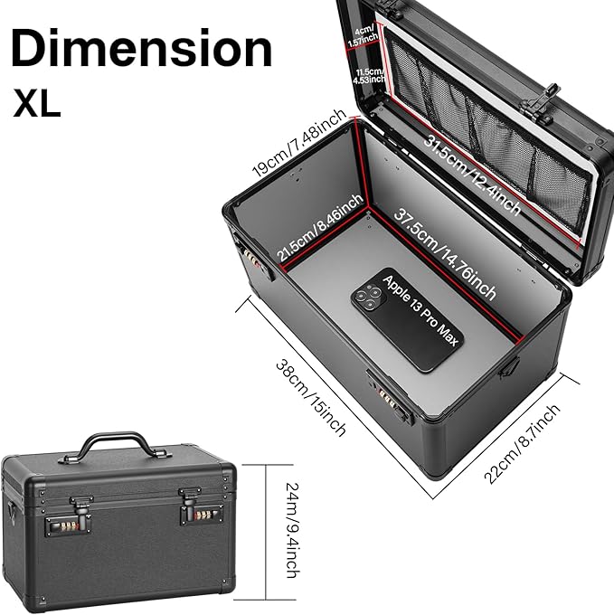 Large Lock Box - 15.1x8.7x9.4 Inch Lockable Security Storage Case with Combination Lock, Locking Medicine Box for Personal Items, Passports and Pills, Lockbox for Home Office, Black