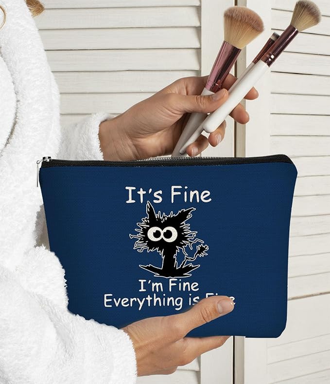 Its Fine Im Fine Everythings Fine Navy Blue Makeup bag for Women,Cat Small Make Up BagTravel Toiletry Bag for Men,Navy Blue Cat Small Pouch, Funny Cosmetic Bag Zipper Bag Birthday Gift