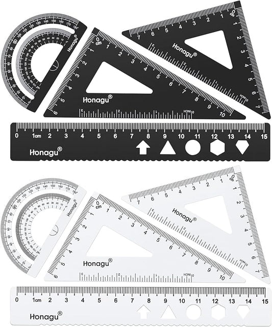Honagu Triangular Ruler Set, 2 Sets/8 Pieces Aluminum Alloy Ruler, Metal Drafting Ruler, Geometric Protractor for Students, Draftsmen, Engineers, School Office Supplies(15cm/5.9inches, Black+Silver)