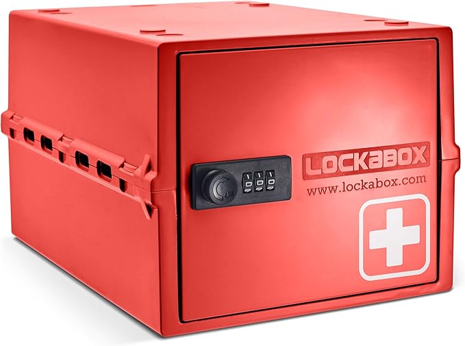 Lockabox One™ | Premium Medicine Lock Box | Medium Medication Lock Box With Code For Medicines, Vitamins & Supplements | External Size 12 x 8 x 6.6 inches (Medi Red)