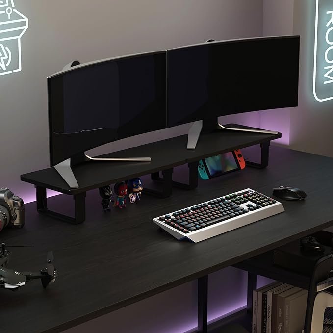 Monitor Stand Riser with 50 LB Capacity, Stable Wood Computer Monitor Stand for Desk Organizers, Computer Riser Monitor Shelf for PC Laptop Notebook Printer Computer iMac, 1-Step Installation, Black