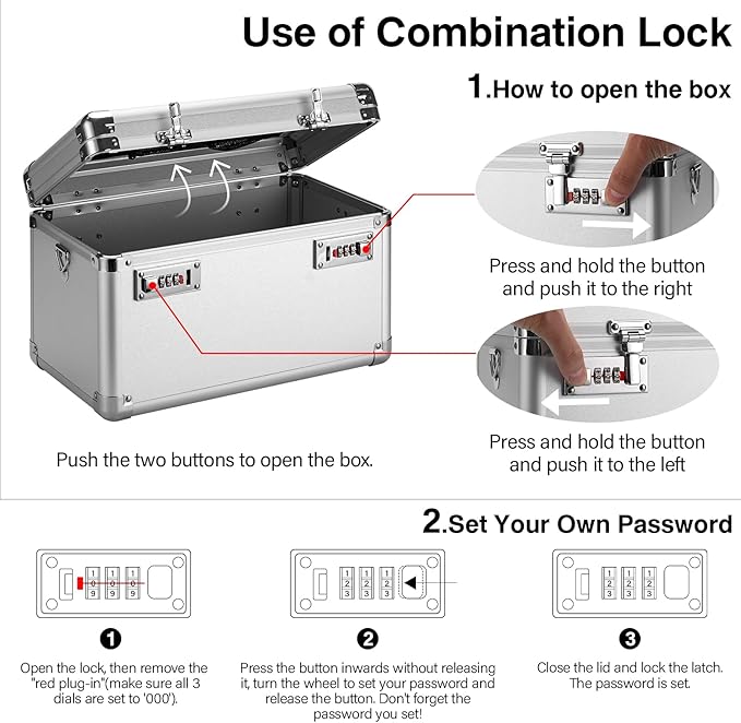 Large Lock Box - 11x6.7x7.9 Inch Lockable Security Storage Case with Combination Lock, Locking Medicine Box for Personal Items, Passports and Pills, Lockbox for Home Office, Silver