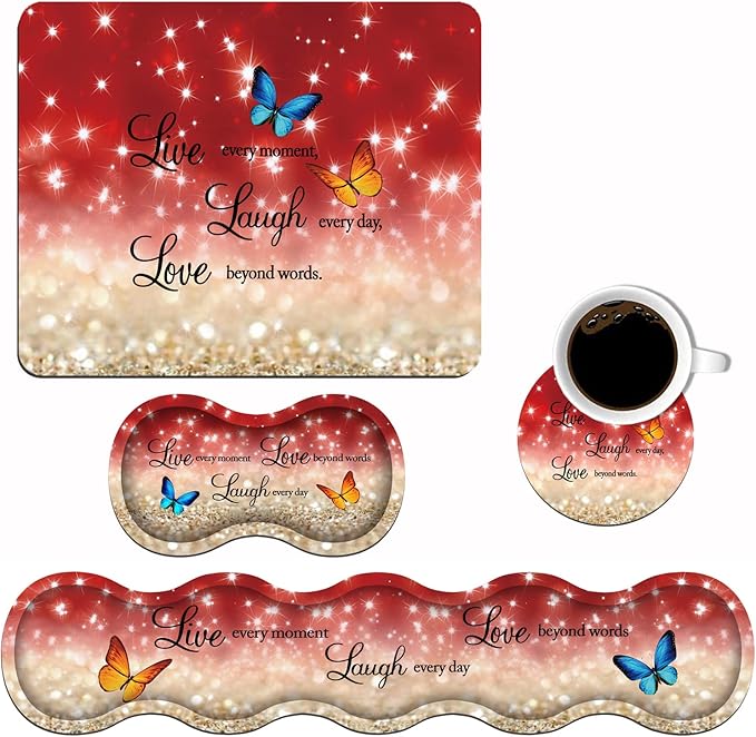 Ergonomic Keyboard Wrist Rest and Mouse Pad Wrist Rest Set with Coasters [4Pcs], Non-Slip Rubber Base for Home Office Working Studying Easy Typing & Pain Relief, Red Glitter Quote Live Laugh Love