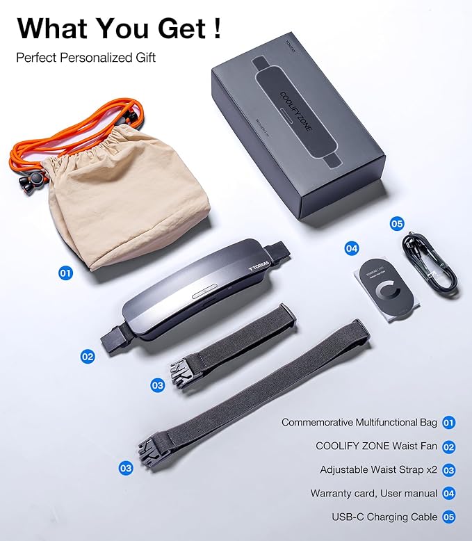 TORRAS 2026 Top Portable Waist Fan COOLiFY Zone 3, Ultra-Light Personal Wearable Belt Fan, 26ft/s Strongest Wind for Full Body Cooling【No.1 Cooling Area & Cool Tech】 Rechargeable for Outdoor/Jobsite