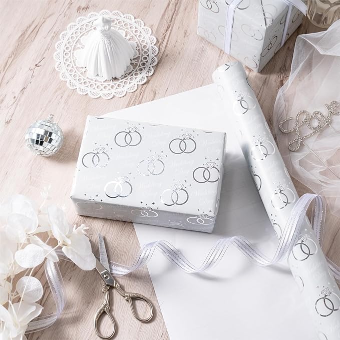 WRAPAHOLIC Wedding Wrapping Paper Roll - Mini Roll - 17 Inch x 33 Feet - Silver Foil Diamond Ring and Wedding Day Lettering Design Perfect for Wedding, Celebration, Party