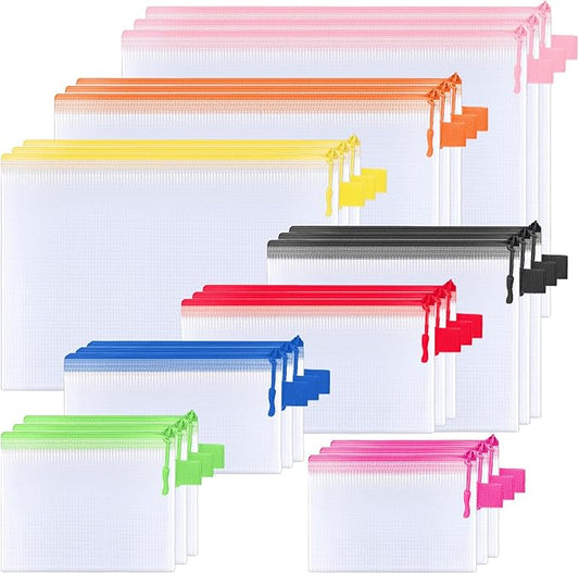 BALEINE 24PK Mesh Zipper Pouch Bags, Waterproof Clear Zipper Bags, Multiple Colors Plastic Mesh Bag File Bag for Organization, Suitable for Office Supplies, Home, Travel (24 PK, Multi 8 Sizes)