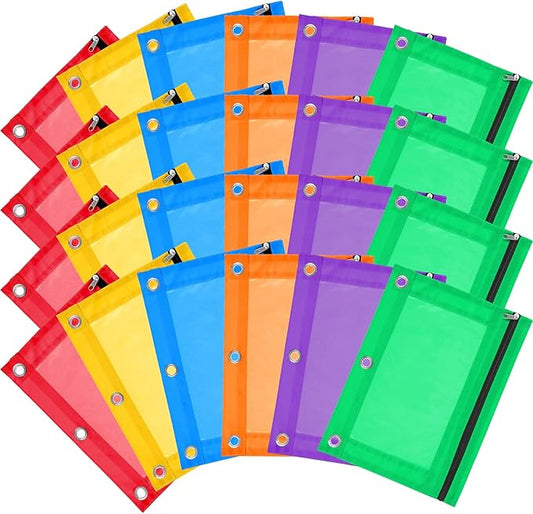 24 Pack Pencil Pouch for 3 Ring Binder Pouches with Zipper Bulk Multi-Color 3 Ring Binder Clear Top Pencil Pouch Pencils Bag Case with Clear Window for Binders Office Organizers College Supplies