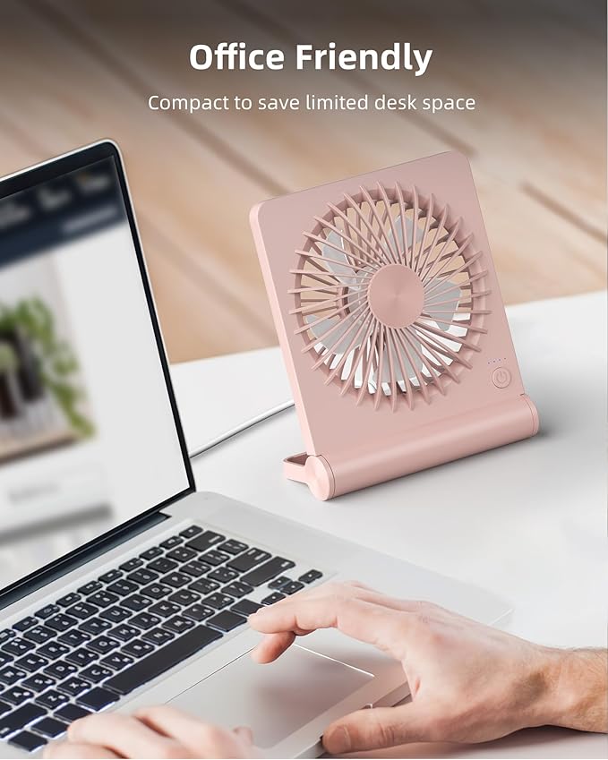 Koonie USB Fan, Strong Wind Ultra Quiet Small Desk Fan 220° Tilt Folding 3 Speeds Adjustable USB-C Powered Personal Fan for Home Office Desktop, Pink, NO BATTERY