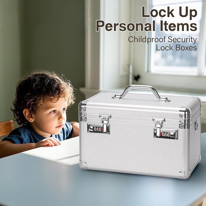 Large Lock Box - 15.1x8.7x9.4 Inch Lockable Security Storage Case with Combination Lock, Locking Medicine Box for Personal Items, Passports and Pills, Lockbox for Home Office, Silver