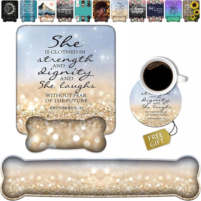 Wrist Rest Support Ergonomic Gel Mouse Pad & Memory Foam Keyboard Set, Non-Slip Rubber PU Base for Home Office Working Studying Easy Typing & Pain Relief - Bible Verses Proverbs 31:25