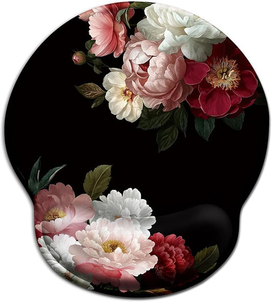 Black Flower Mouse Pad with Wrist Rest, Ergonomic Mouse Pad Wrist Support with Non-Slip Pain Relief PU Base, Funny Laptop Computer Mousepad, Cute Office Home Desk Accessories Decor