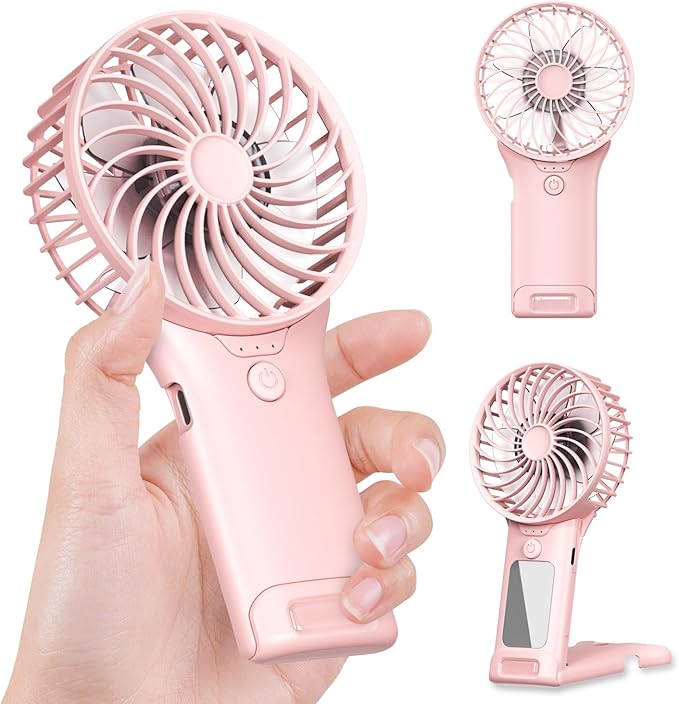 GEHEN Portable Pocket Fan, USB Rechargeable, Mini Fan with Mirror, 4 Gear Wind, Up to 15 Hours, Hand Fan with Powerful Cooling for Travel/Summer/Concerts/Lash, Gifts for Women(Pink)
