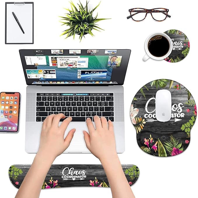 Keyboard Wrist Rest and Mouse Pad Wrist Support Set with Coasters, Chaos Coordinator Quotes Colored Floral Wreath Print Wrist Support Mouse Pad with Non-Slip PU Base for Home Office Working Studying