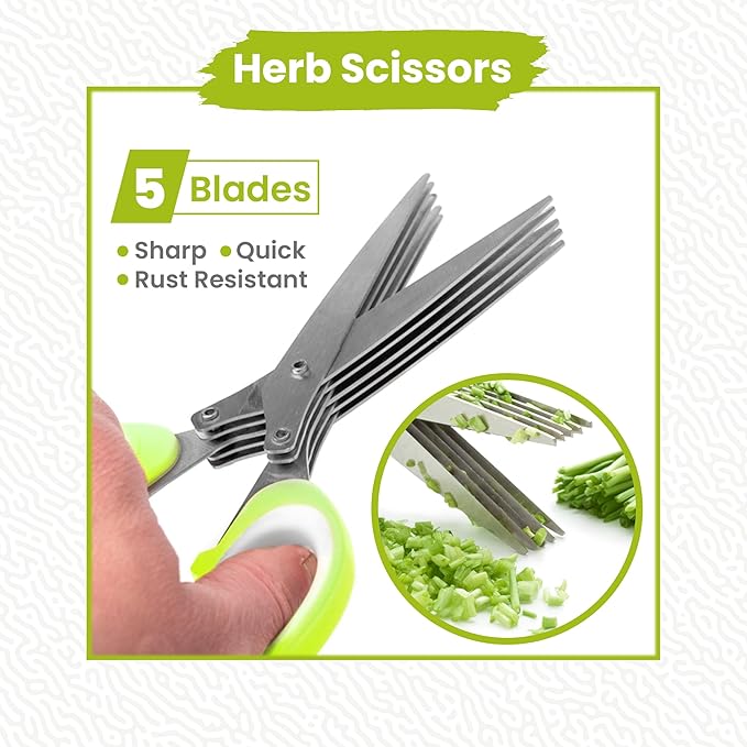 5-Blade Stainless Steel Herb Scissors Set with Vegetable Peeler, Shredder & Cleaning Comb – Multi-Use Herb Stripper for Chopping, Slicing, Shredding Kale and Fresh Herbs