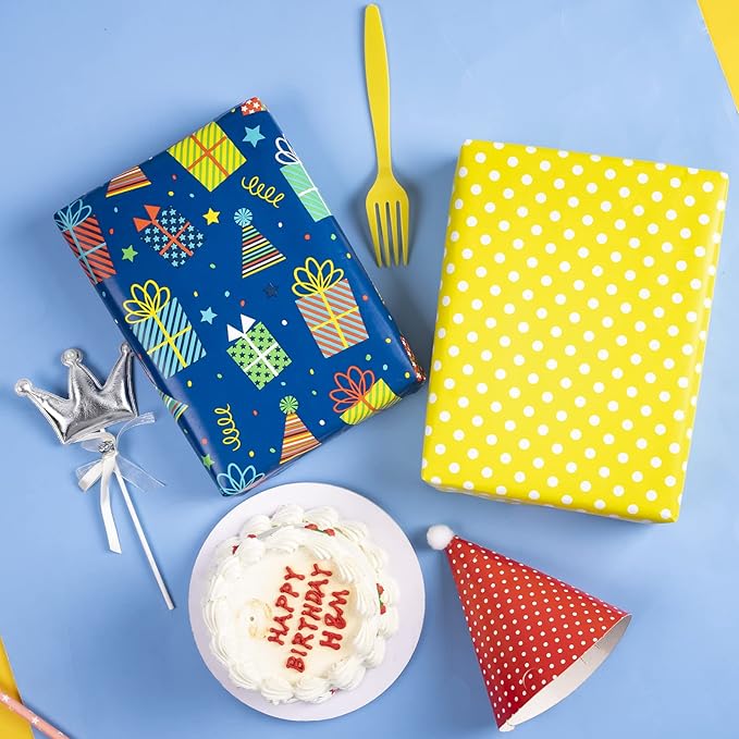 WRAPAHOLIC Reversible Birthday Wrapping Paper - Mini Roll - 17 Inch X 33 Feet - Gift Boxes and Polka Dot Design for Birthday, Party, Baby Shower