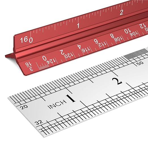 Architectural Scale Ruler 12 Inch, Aluminum Architect Ruler & Metal Ruler Set, Imperial Engineer Scale for Blueprints, Drafting Ruler for Architects, Students, Draftsmen, and Engineers (Red)