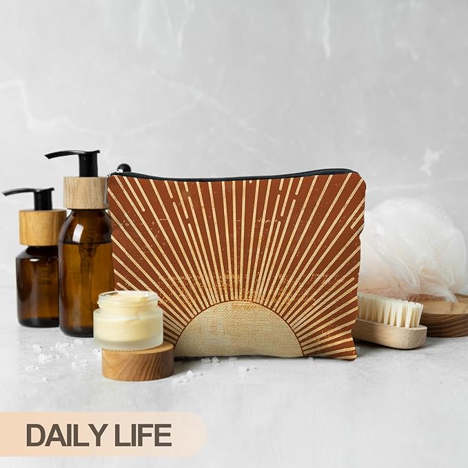 Sunshine Ray Boho Makeup Bag, Granola Girl Gifts, Vintage Orange Boho Neutral Sun boho Bags for Women, Retro Makeup Bag, Art or Journaling Pouch, Boho Gifts for Women