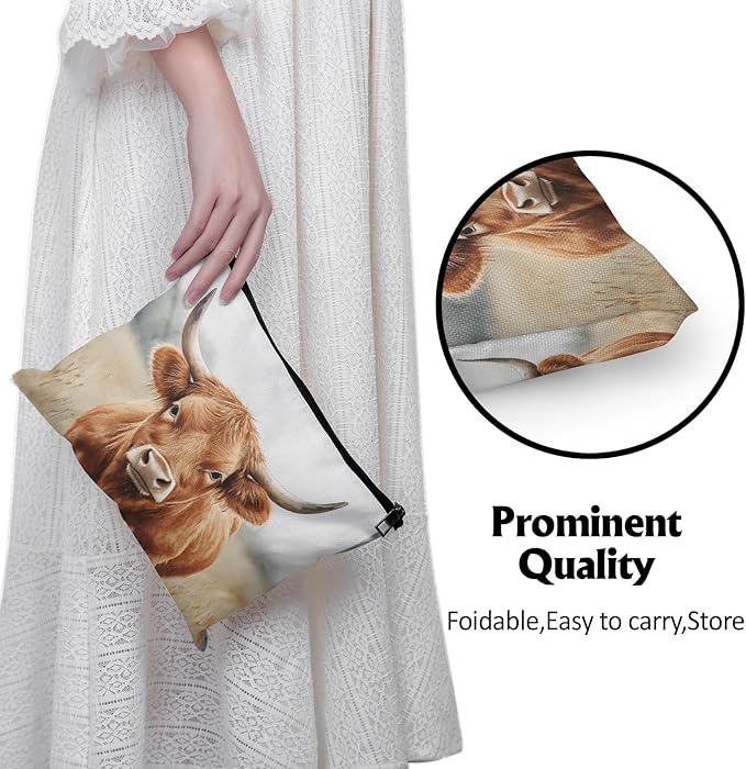 Cafl Majestic Highland Cow Makeup Bag for Women Large Capacity Make Up Bag Portable Travel Cosmetic Bag Toiletry Pouch Organizer 10 * 8inch