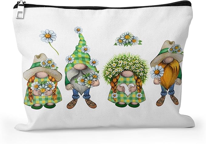 Cafl Watercolor Сhamomile Gnome Makeup Bag Meadow Flowers Gnomes Cosmetic Bag for Women Large Capacity Make Up Bag Portable Travel Toiletry Pouch Organizer 10 * 8inch