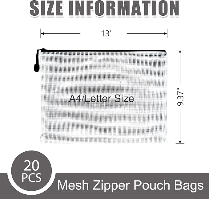 20 Pack Mesh Zipper Pouch Bags with Label Pocket, 13 x 9.37 in Black Plastic Zip File Folders Letter Size A4 Document Organizer, Waterproof Pencil Case for Travel Storage School Office Supplies