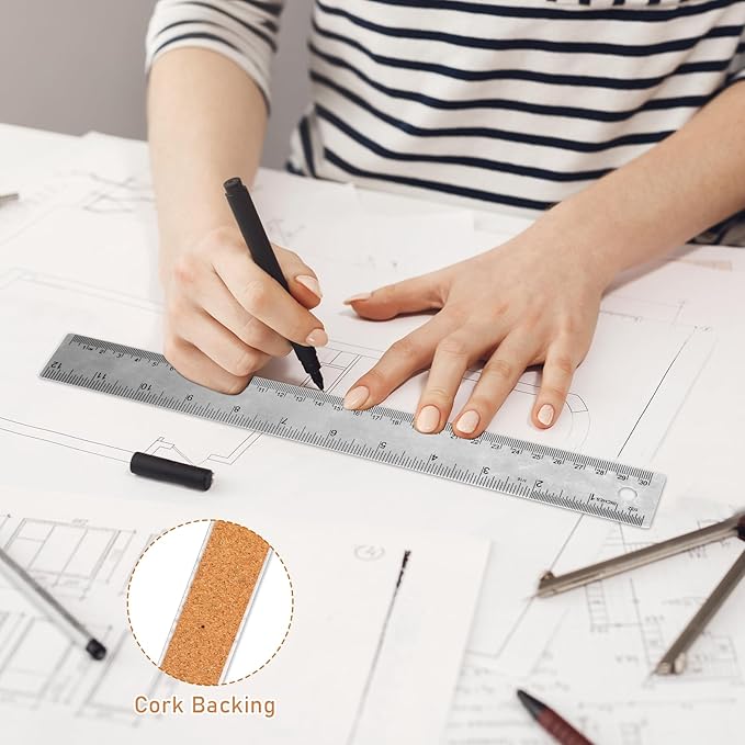 Stainless Steel Metal Ruler - 8 Inch & 12 Inch, Non-Slip, Cork Backed, Straight Edge, Inch & Centimeters for Students, School, Office, Drafting Tools