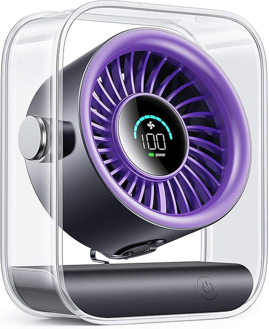 DIGIX USB Rechargeable Desk Fan, Small Portable Table Fan with 100 Speeds Turbo Airflow, 90° Tilt Quiet Desktop Fan for Bedroom with LED Display, Personal Cooling Fan for Travel Office Camping(Purple)