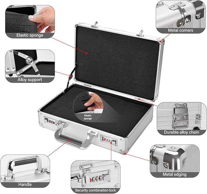 Security Lock Boxes - 14.2 x 9.4 x 4.5 Inch Medium, Portable Locking Storage Totes with Dual Combination Locks, Medicine Lock Box, Lock Boxes for Personal Items, Cash & Briefcase - Silver