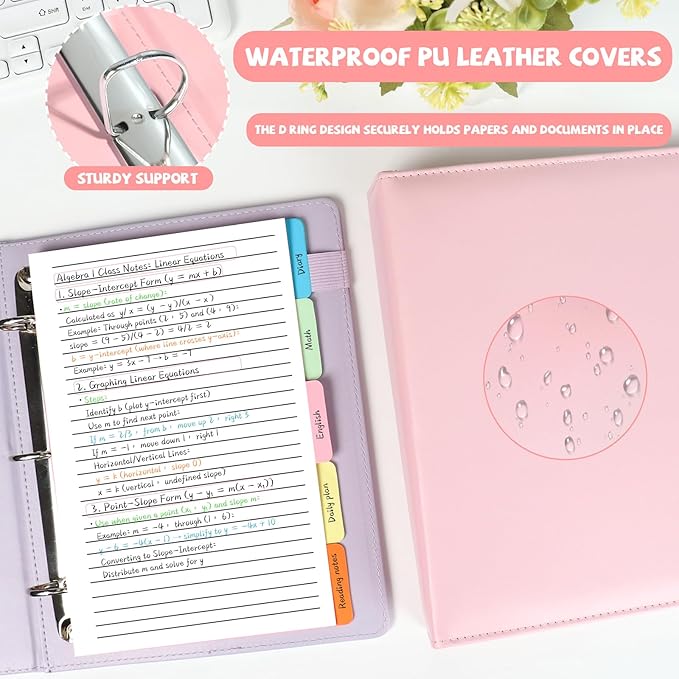 2 Pack Mini Size 3 Ring Binder 5 Colors Dividers Pu Leather Binders 7.7" X 9.3" Holds 200 Sheets Paper Three Ring Binder DRing Purple Pink with Pen Loop 1 Pockets School Office (Purple&Pink)