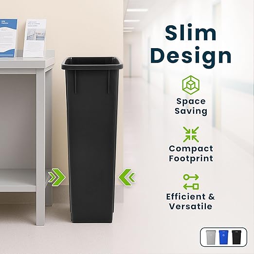 Alpine 23 Gallon Slim Recycling & Trash Bin Set – 3-Pack Blue/Black/Grey Plastic Narrow Open-Top Garbage Cans for Office, Home, School & Commercial Use