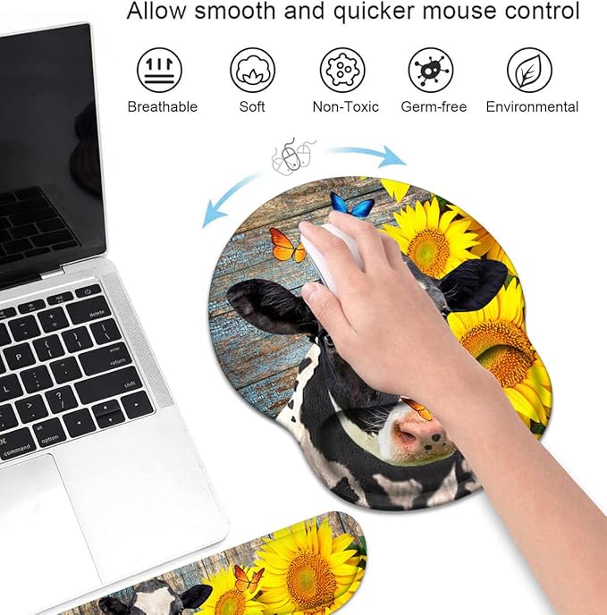 Keyboard Wrist Rest and Mouse Pad Wrist Support Set with Coasters, Ergonomic Gaming Mousepad Non-Slip PU Base for Home Office Working Studying Easy Typing & Pain Relief - Sunflowers and Cow