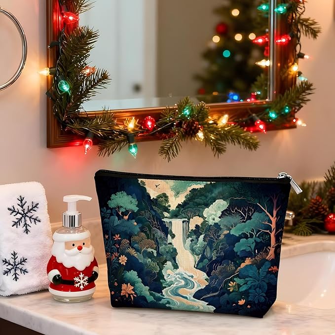 Blue Green Waterfall Japanese Makeup Bag, Traditional Japandi Hokusai Cosmetic Bag for Women, Japanese Ukiyo-e Art Landscape Small Toiletry Bags Zipper Makeup Pouch