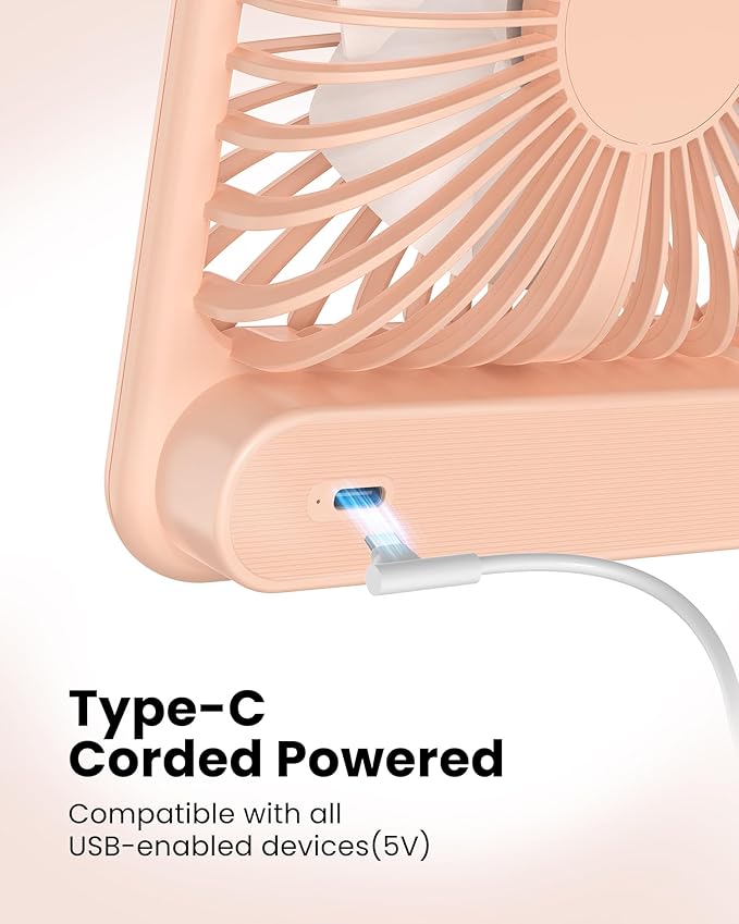 Koonie USB Desk Fan, Strong Wind Ultra Quiet Small Personal Fan with 180° Tilt Folding and 3 Speeds Adjustable, USB-C Corded Powered Mini USB Fan for Office Desktop Bedroom Pink, NO BATTERY