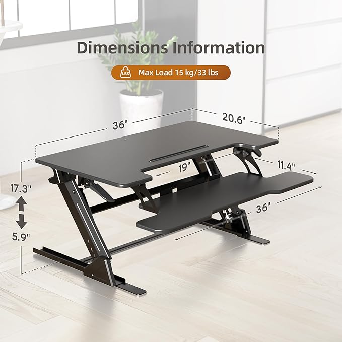 Claiks Standing Desk Converter 36 inch, Height Adjustable Sit Stand Up Desk Riser, Quick Sit to Stand Tabletop Dual Monitor Riser Workstation for Home Office with Keyboard Tray, Black