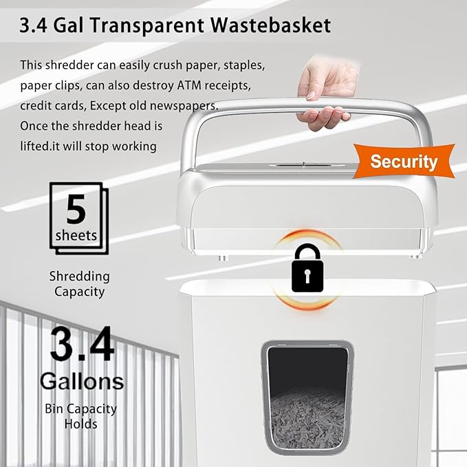 Bonsaii 5-Sheet Cross Cut Paper & Credit Card Shredder, Handles Staples/Paper Clips, 3.4Gal Pullout Bin, Compact for Home Office, White