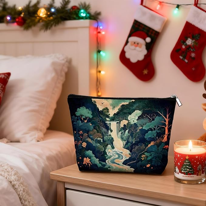 Blue Green Waterfall Japanese Makeup Bag, Traditional Japandi Hokusai Cosmetic Bag for Women, Japanese Ukiyo-e Art Landscape Small Toiletry Bags Zipper Makeup Pouch