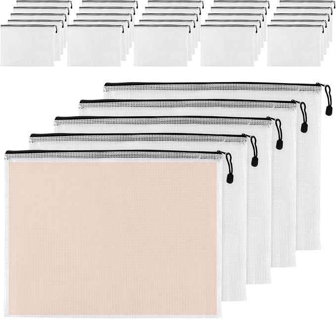 A3 Mesh Zipper Pouches, 17 x 12.5 Inch, 30 Pack, Plastic Documents File Zipper Bags for Office, Home Storage