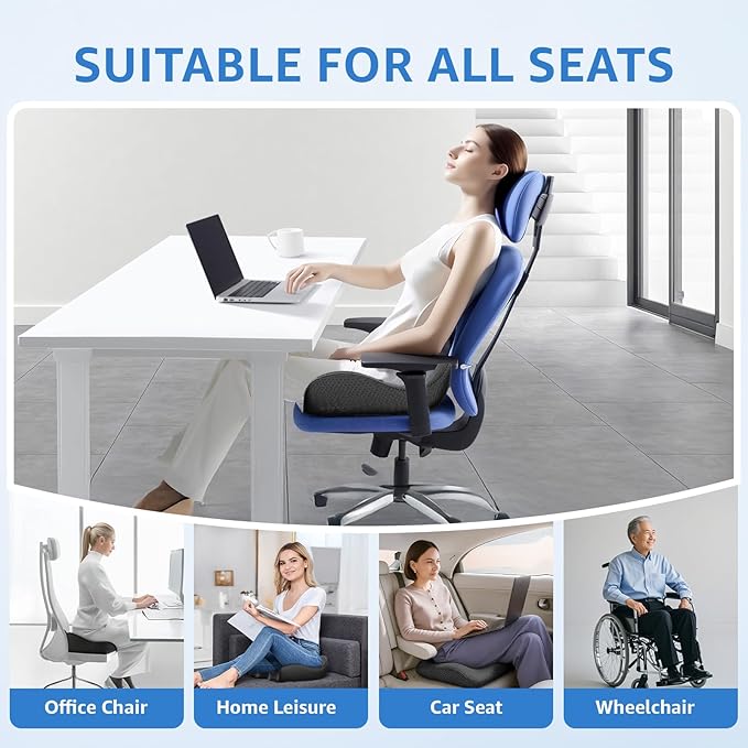 Sytopia Extra Large Office Chair Cushion, 19" x 17" Ergonomic Memory Foam Seat Cushion, Pressure Relief for Tailbone Pain, Sciatica & Hip Pain, Booster Pad for Sitting & Driving, Extra Cover (Black)